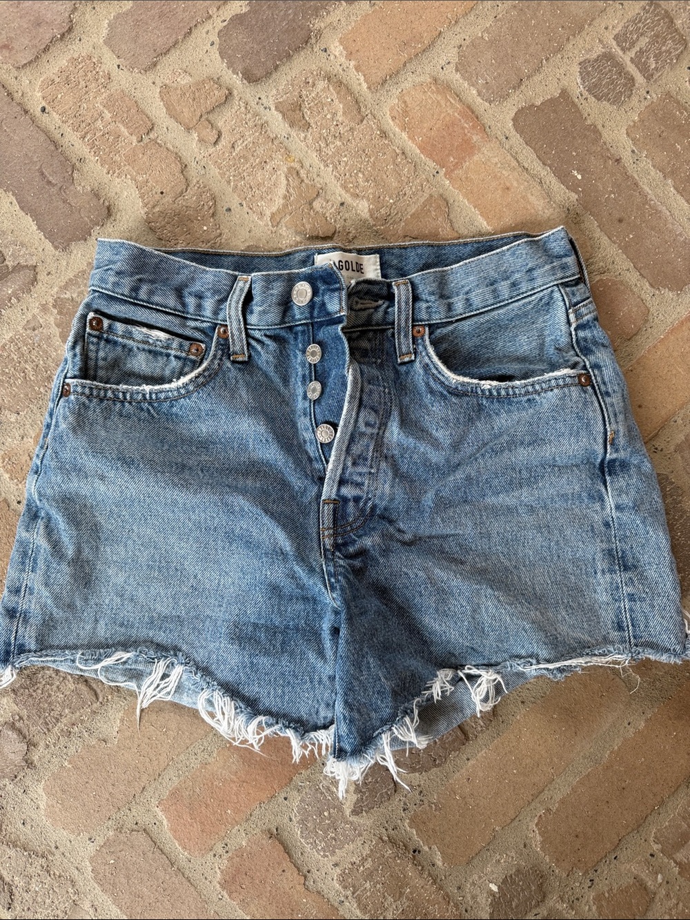 Agolde Light Blue Denim Frayed High-Rise Cutoff Shorts
